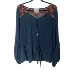Chloe Oliver Size Small Embroidered Boho Lantern Sleeve Button Front Blouse Navy